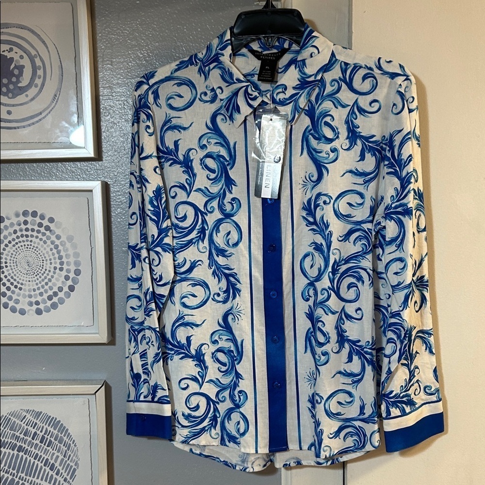 NWT Investments Linen Blend Petites Size PL Blue White Pattern Button Up Top